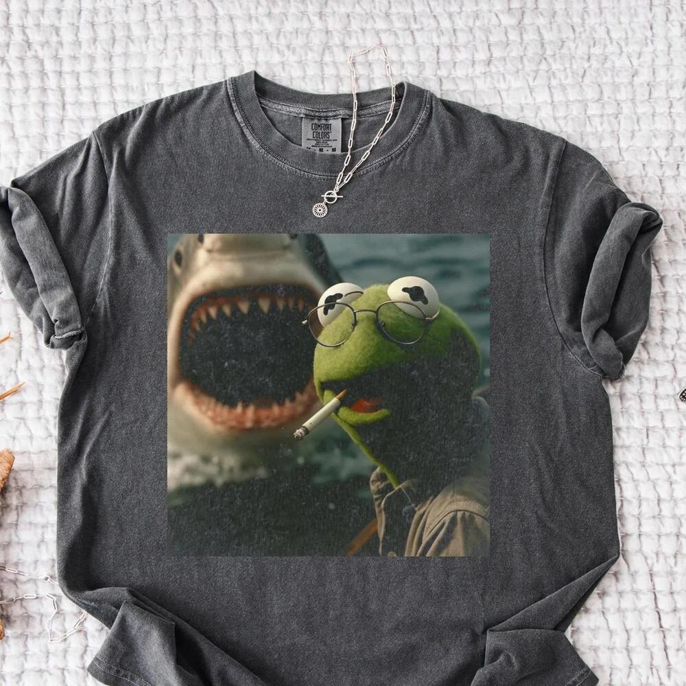 Washed Dark Humor Shirt, Smoking Frog Meme Tee, Shark Attack
